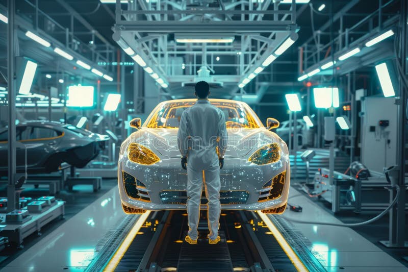 Automotive engineer using advanced technology for car manufacturing at futuristic assembly line royalty free illustration