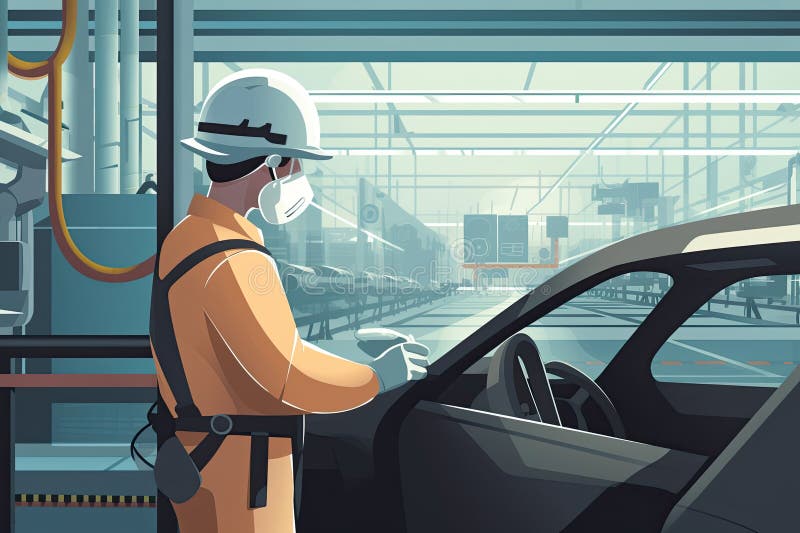 Automotive Engineer Working on a Production Line, Overseeing the