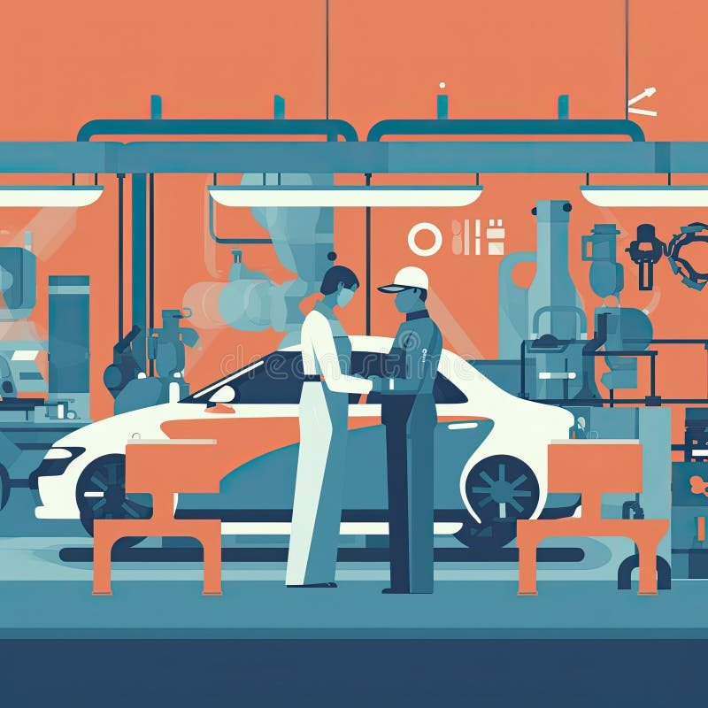 Automotive Engineer Working on a Production Line, Overseeing the