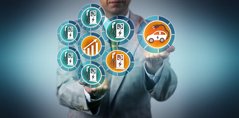 Automotive industry manager projecting growth for the charging infrastructure of electrical vehicles. Technology concept for EV charge port, sustainable development, EV supply equipment, green fuel. Development ev stock images, royalty-free photos and pictures