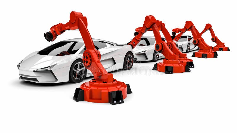 Automotive robots in a factory line stock illustration