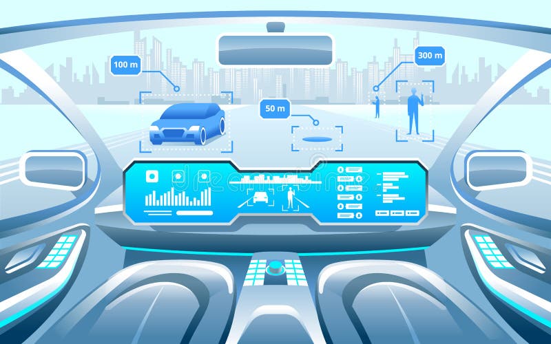 Autonom smart bilinre bilsjälv som kör i staden på huvudvägen Skärm visar information om medlet royaltyfri illustrationer