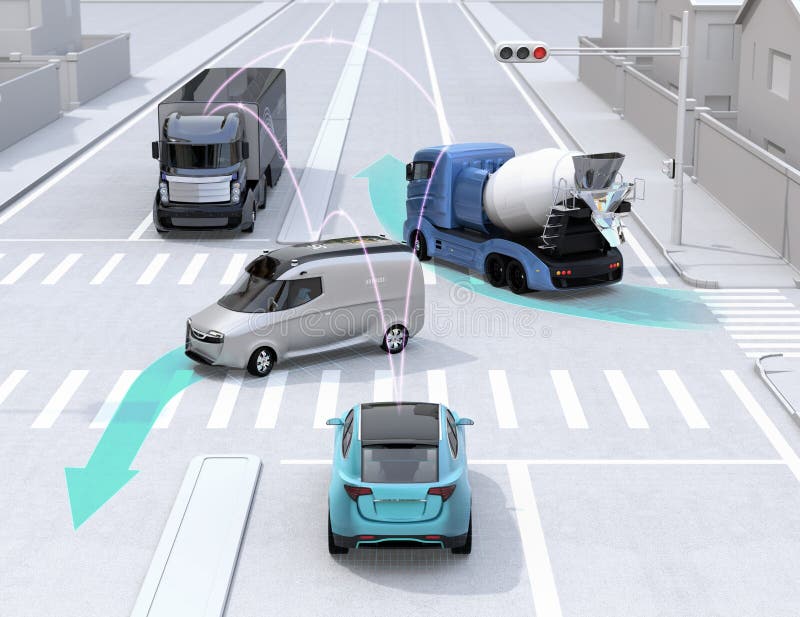 Autonoma bilar som delar bil` s som kör information på vägen vektor illustrationer Autonoma bilar som delar bil` s som kör information på vägen vektor illustrationer