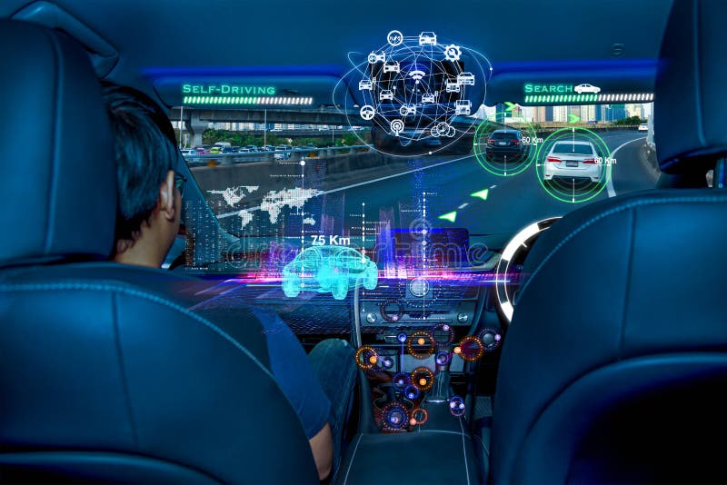 Autonome auto met passagiers, het Toekomstige concept van de technologie slimme auto Autonome auto met passagiers, het Toekomstige concept van de technologie slimme auto