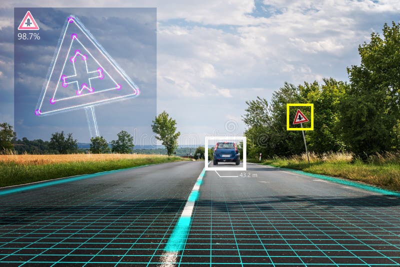 Autonomes selbst-treibendes Auto erkennt Verkehrsschilder Maschinelles Sehen und Konzept der künstlichen Intelligenz