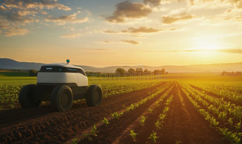 Autonomiczny robot rolniczy na zachodzie słońca pola krajobrazowe uprawy zaawansowane technologie innowacje rolnicze wieś zdjęcie royalty free