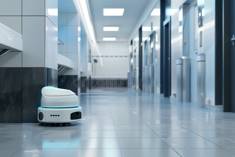 Autonomous cleaning robots sanitizing public restrooms and facilities. A robot is currently walking down a long hallway in a hospital, navigating its way through the building as it performs its tasks and duties. Robots working futuristic office stock images, royalty-free photos and pictures