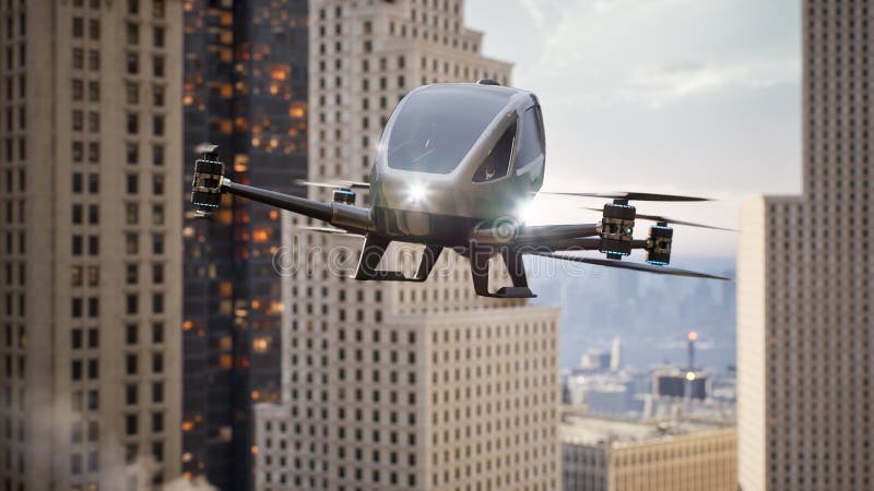 Autonomous driverless aerial vehicle fly across city, 3d render