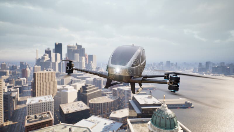 Autonomous driverless aerial vehicle fly across city, 3d render