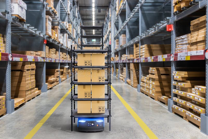 Autonomous robot delivery in warehouses with 5g wireless connection, Smart industry 4. 0 concept stock images