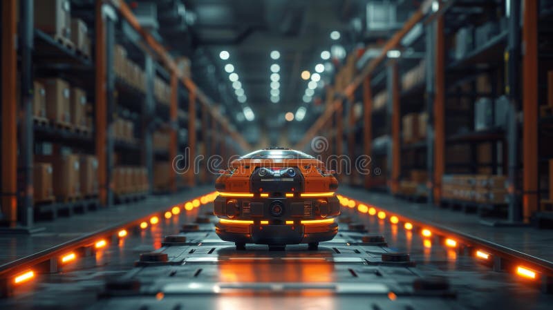 Autonomous robot in futuristic warehouse - generative ai stock illustration
