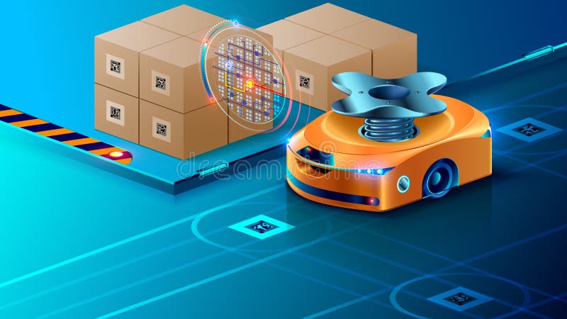 Autonomous Robot, Guided of Artificial Intelligence on Automated Warehouse. Smart Drone Distributes Parcels in Logistics vector illustration