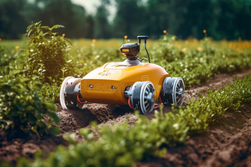 Autonomous robot working in the field. Smart farming and digital transformation in agriculture. stock illustration