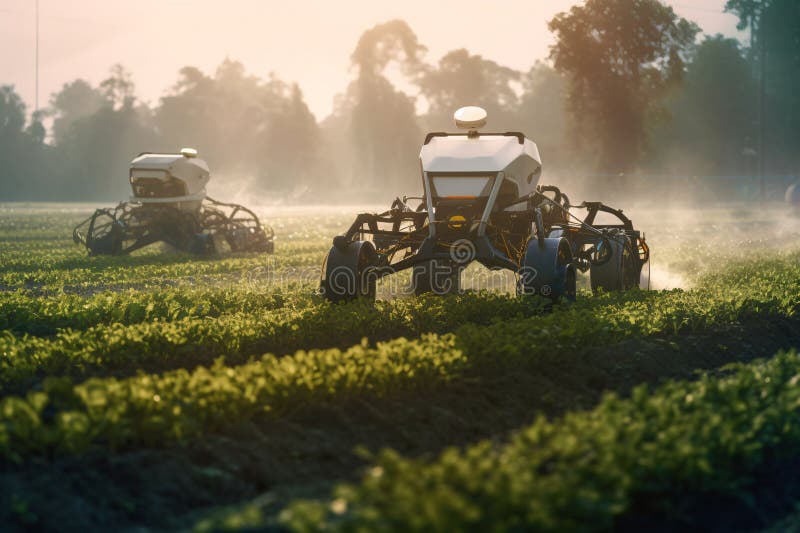 Autonomous robot working in the field. Smart farming and digital transformation in agriculture. vector illustration