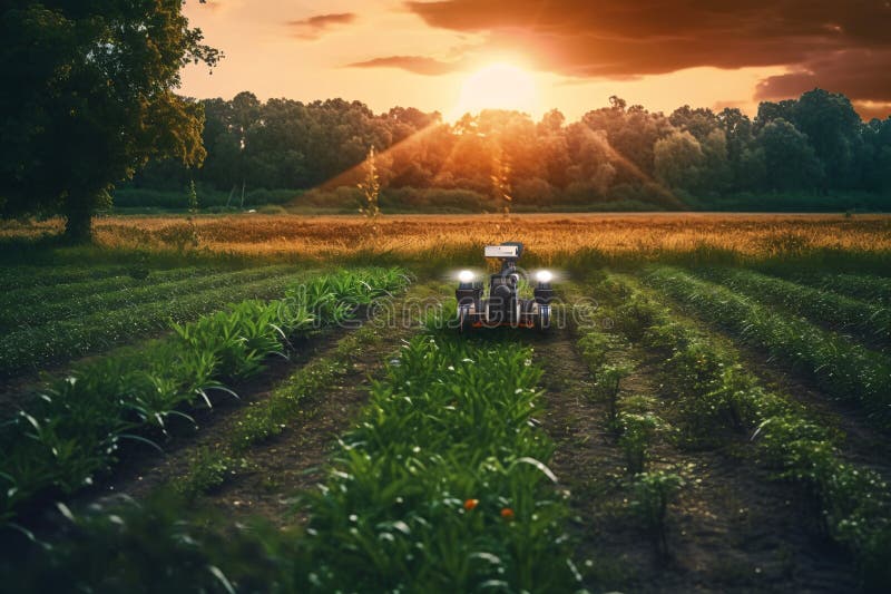 Autonomous robot working in the field. Smart farming and digital transformation in agriculture. vector illustration