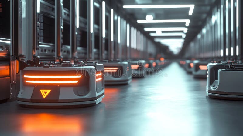 Autonomous robots in a futuristic server room with neon lights royalty free stock images
