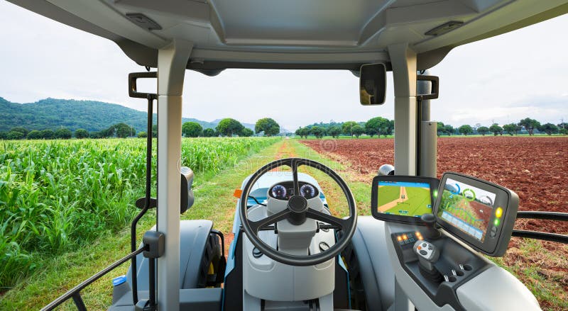 Autonomous Tractor Working In Corn Field Future Technology With Smart