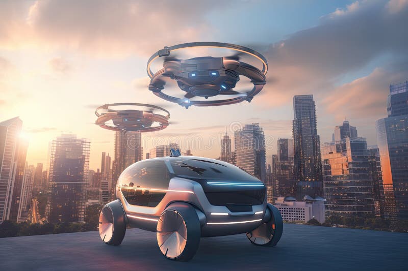 With Autonomous Vehicle and Drone Flying Over a Futuristic Cityscape Stock Illustration 