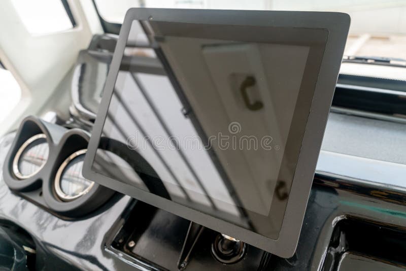 Autonomous vehicle interior with touch screen and auto navigation system stock photo