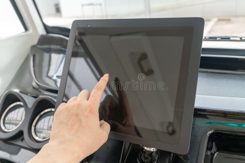 Autonomous vehicle interior with touch screen and auto navigation system royalty free stock photo