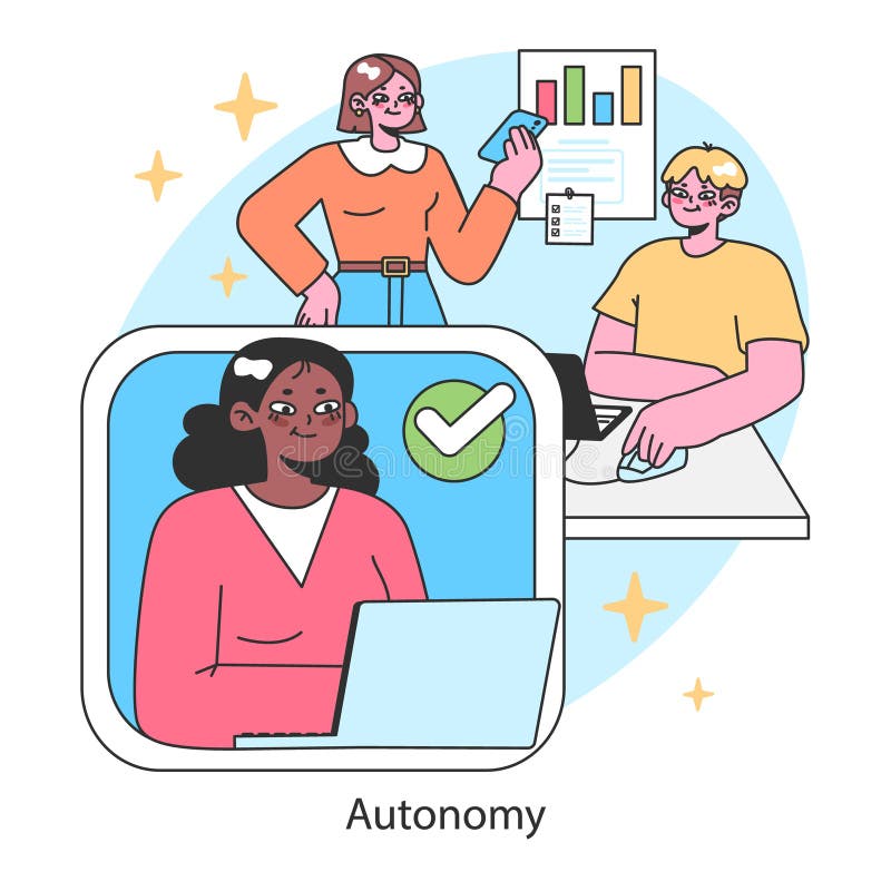 Autonomy concept. Empowered woman approves tasks remotely, while team royalty free illustration