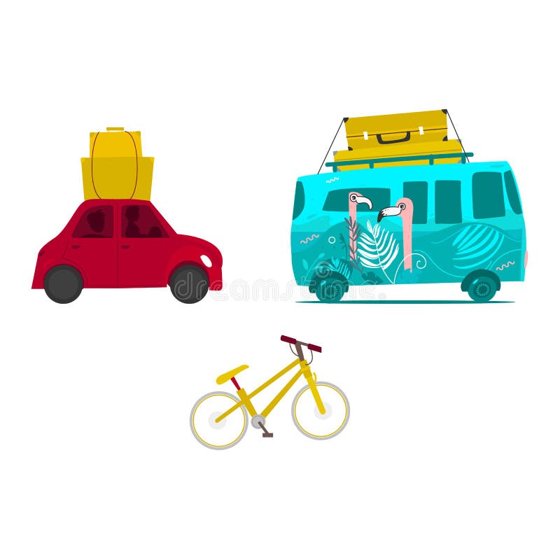 Autoreis, brandingsbestelwagen met bagage, bergfiets stock illustratie Autoreis, brandingsbestelwagen met bagage, bergfiets stock illustratie