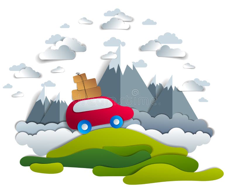 Autoreis en toerisme, rode minivan met bagage het berijden van weg met bergpieken op achtergrond, wolken in de hemel, document be stock illustratie Autoreis en toerisme, rode minivan met bagage het berijden van weg met bergpieken op achtergrond, wolken in de hemel, document be stock illustratie