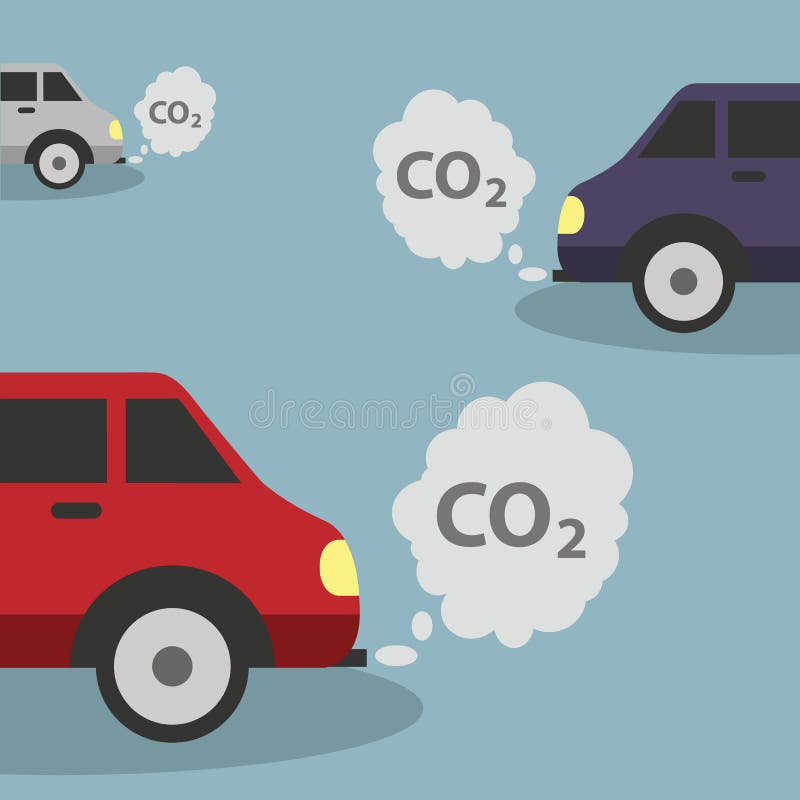 Cars emits CO2, carbon dioxide. Concept of smog pollutant damage contamination garbage combustion products. vector. Cars emits CO2, carbon dioxide. Concept of smog pollutant damage contamination garbage combustion products. vector