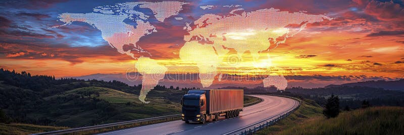 Autostrada ciężarówka z żywą mapą świata o świcie ilustracji