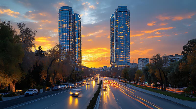 Autostrada orașului apus de soare zgârie-nori trafic city scape Baku stock illustration