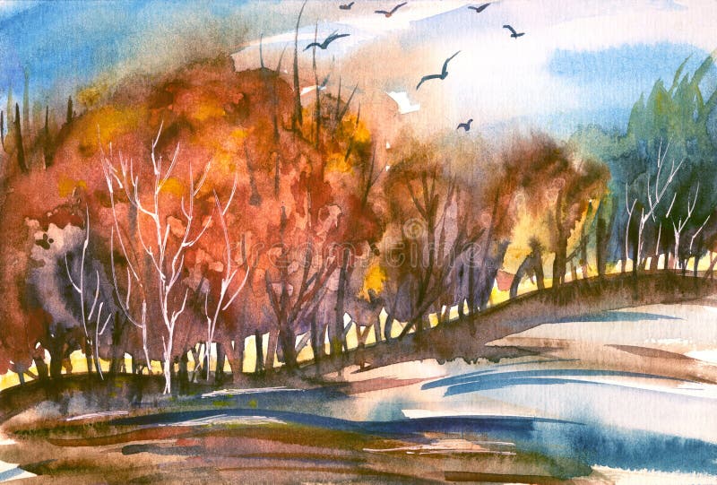 Autumn abstract landscape, watercolor painting.