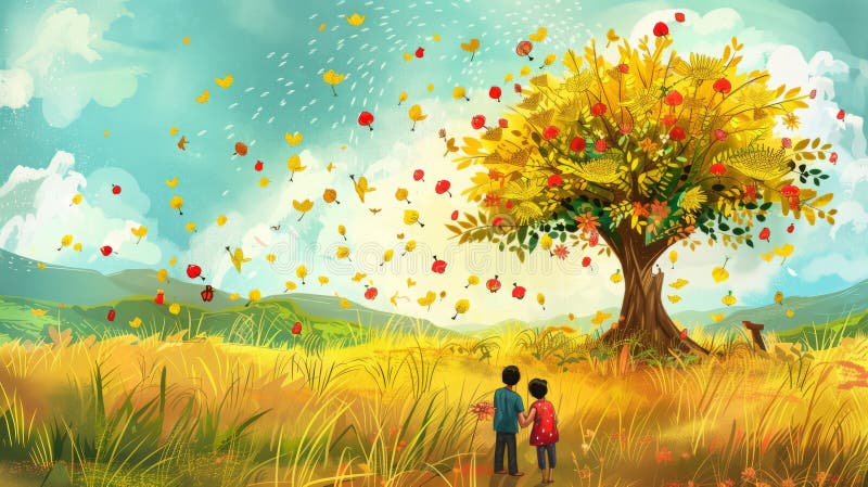 Autumn adventure two children explore vibrant fall landscape under a majestic tree ilustração stock