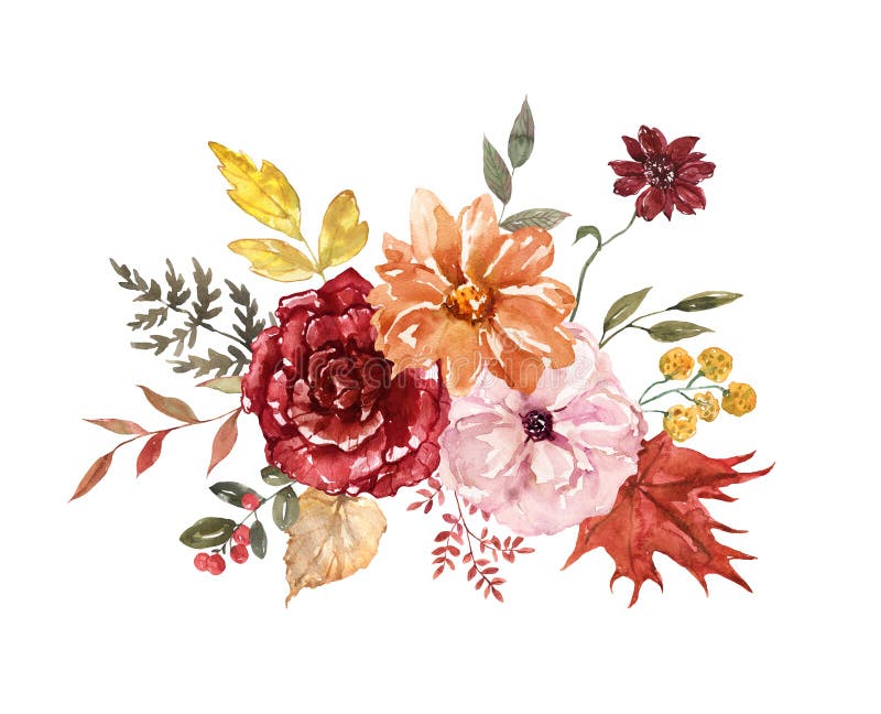 Autumn arrangement with watercolor flowers and leaves. Waterclor botanical painting. Autumn arrangement with watercolor flowers and leaves. Waterclor botanical painting