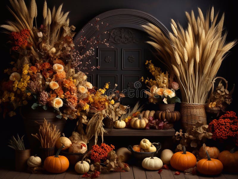 Autumn background on a black background, autumn flower arrangement on a black background with soft light