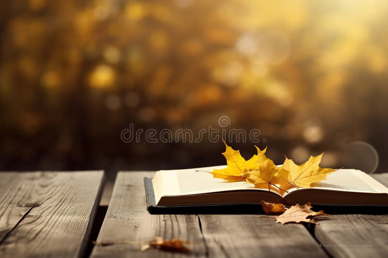 Autumn background. A book and yellow maple leaves