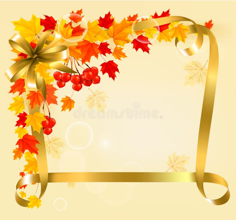 Autumn background with colorful leaves and gold ri