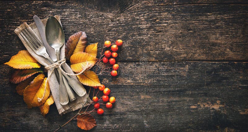 Autumn Background with Vintage Place Setting on Old Wooden Table Stock ...