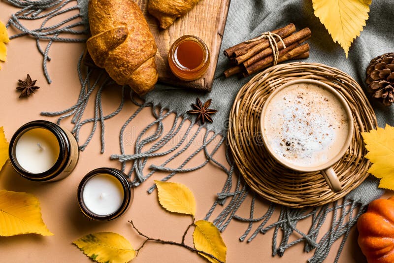 Autumn background with pumpkin spice latte coffee