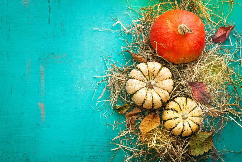 Autumn background with pumpkins on a hay with autumn leaves