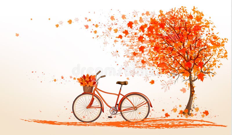 Autumn background with a tree and a bicycle.