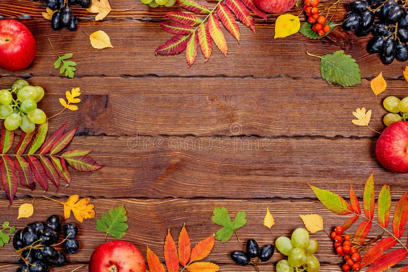 Autumn background with yellow, with bright leaves, pine cones, chestnuts and berries. Frame autumn harvest on seasoned wood with f