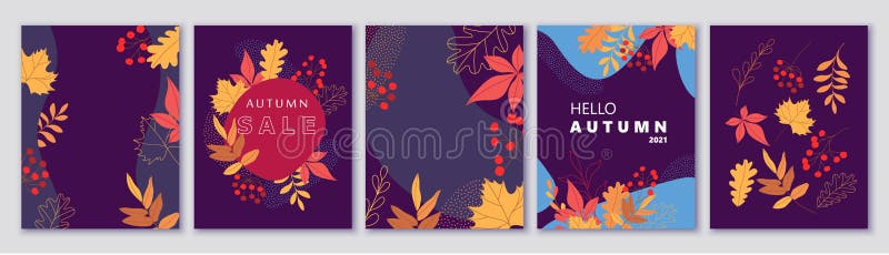 Autumn backgrounds, banners, cards. Abstract shapes, minimalistic flat style autumn botanicals.