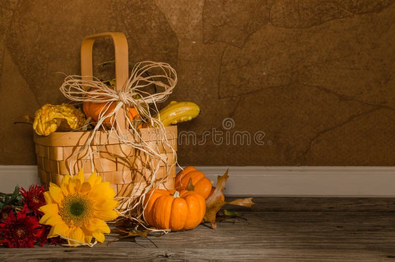 Autumn Basket with Pumpkins and Sunflowers