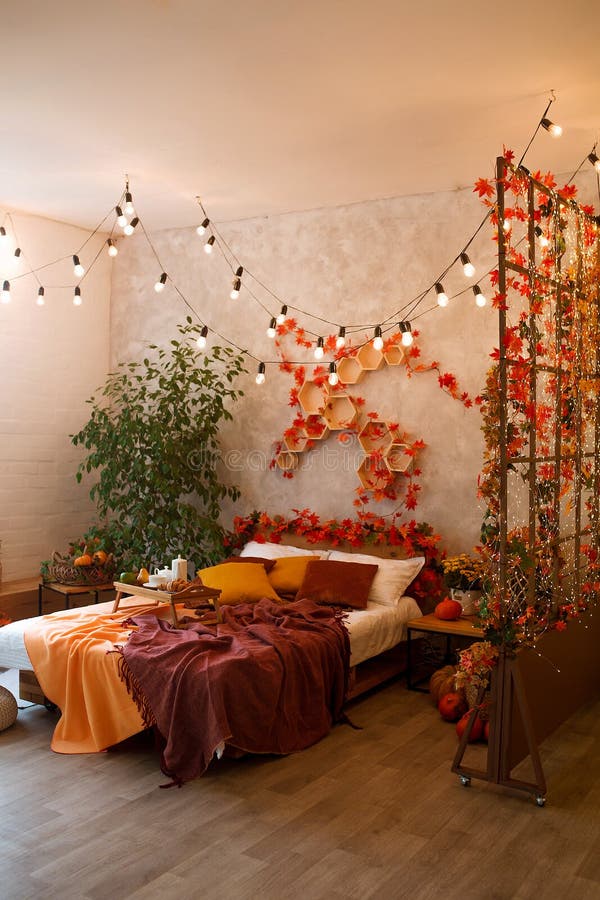 Autumn Bedroom, Living Room Interior. Red and Yellow Leaves and ...