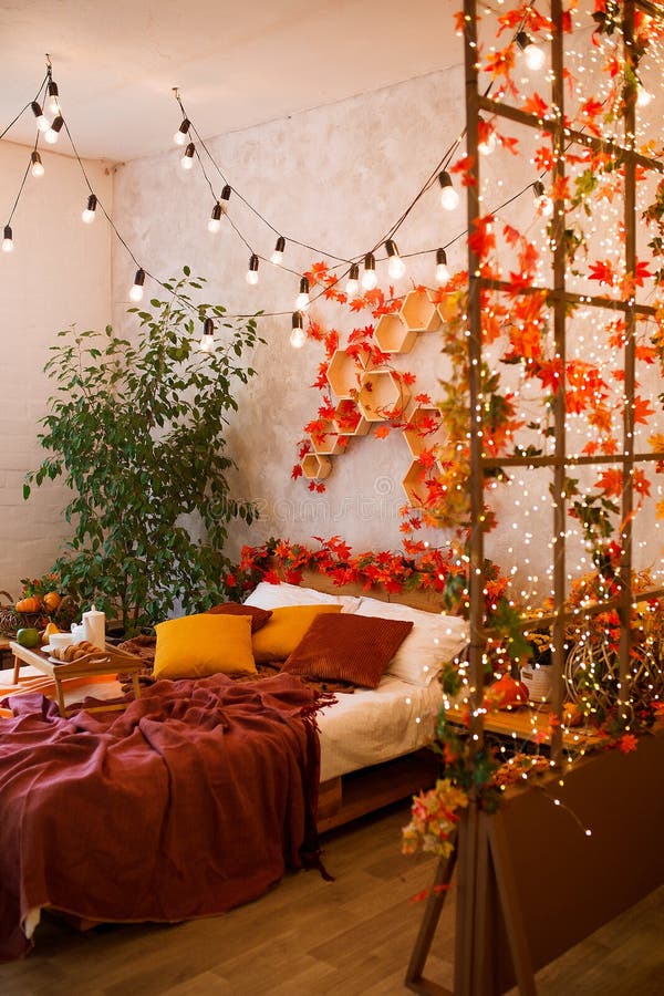 Autumn Bedroom, Living Room Interior. Red and Yellow Leaves and ...