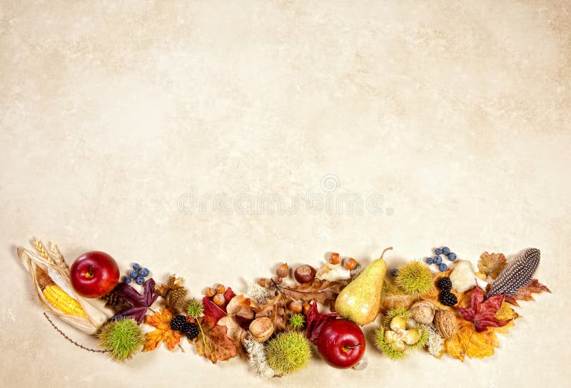 Fall fruits and autumn nuts and leaves on a grunge background. Fall fruits and autumn nuts and leaves on a grunge background