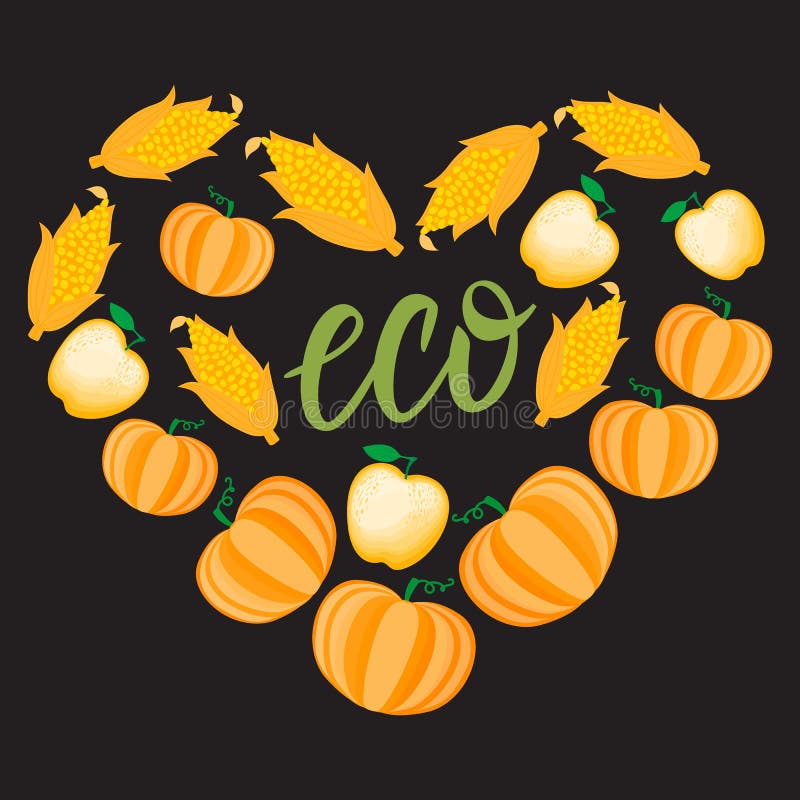 Autumn Cartoon Heart avec la pomme végétale orange de maïs de potiron Ilustration de vecteur d'isolement sur le fond foncé illustration libre de droits Autumn Cartoon Heart avec la pomme végétale orange de maïs de potiron Ilustration de vecteur d'isolement sur le fond foncé illustration libre de droits
