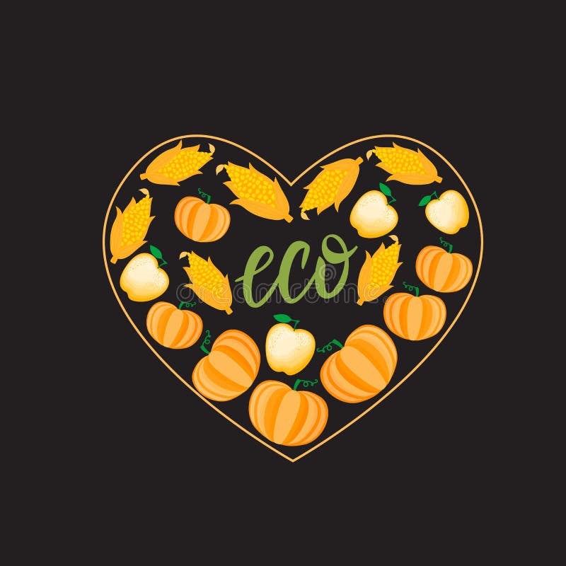 Autumn Cartoon Heart mit orange Gemüsekürbismaisapfel Vektor ilustration lokalisiert auf dunklem Hintergrund lizenzfreie abbildung Autumn Cartoon Heart mit orange Gemüsekürbismaisapfel Vektor ilustration lokalisiert auf dunklem Hintergrund lizenzfreie abbildung