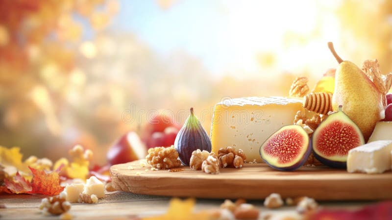 Autumn cheese and fig platter with honey and walnuts on rustic wooden table stock images