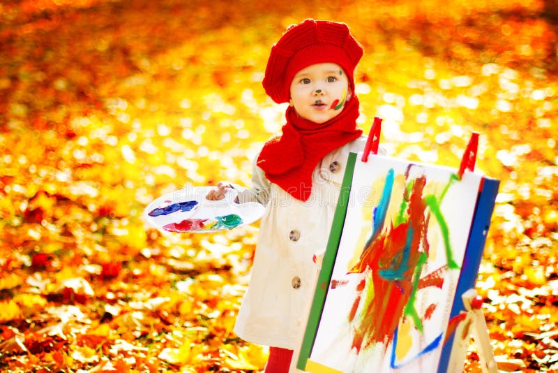Autumn Child Painting Art Picture, Kid Artist Drawing Fall Leave stock images Autumn Child Painting Art Picture, Kid Artist Drawing Fall Leave stock images